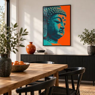 Buddha Wall Art, framed on the wall of a modern dining room with a white wall