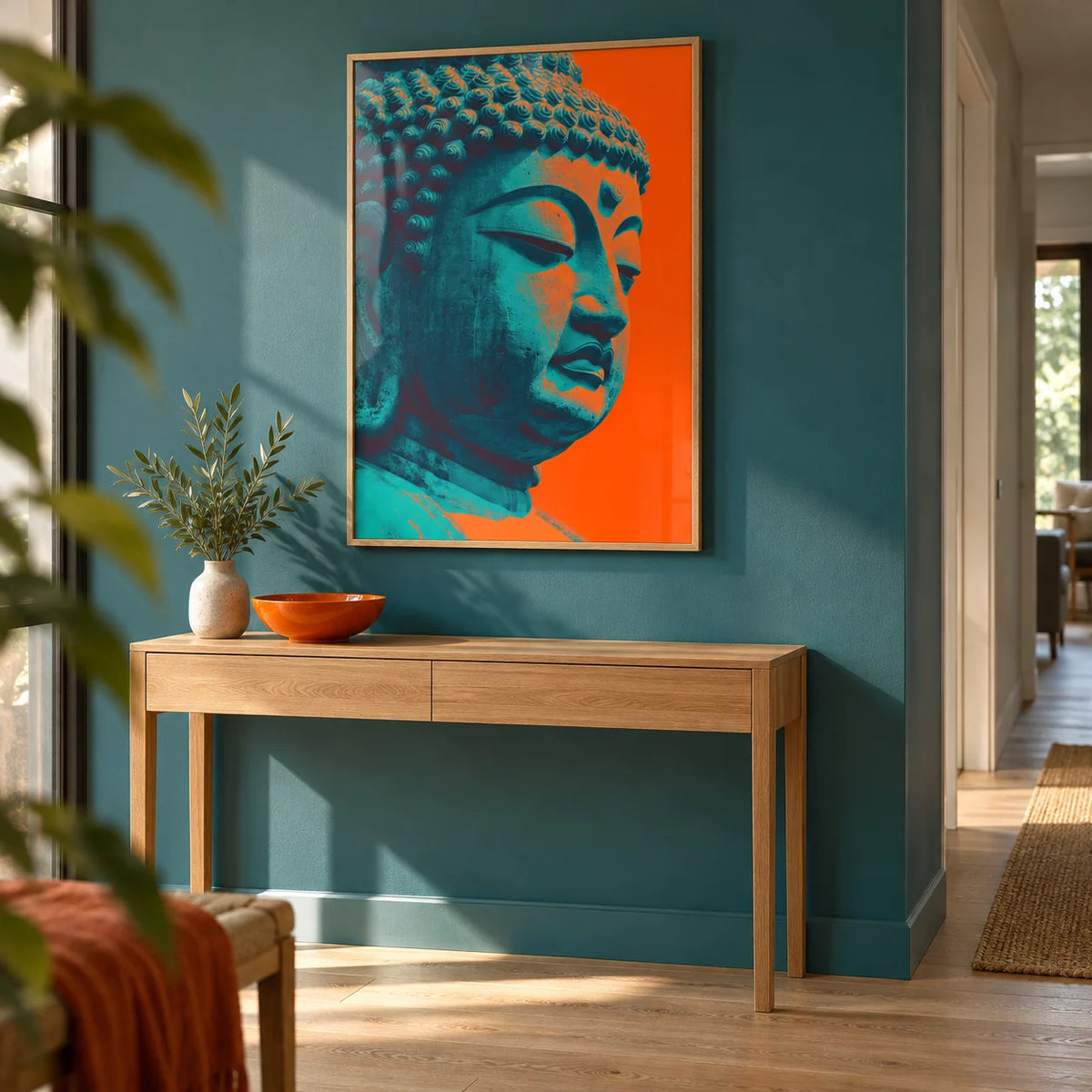 Buddha Wall Art, framed on the wall of a modern hallway with a solid teal painted wall and a pale oak floor