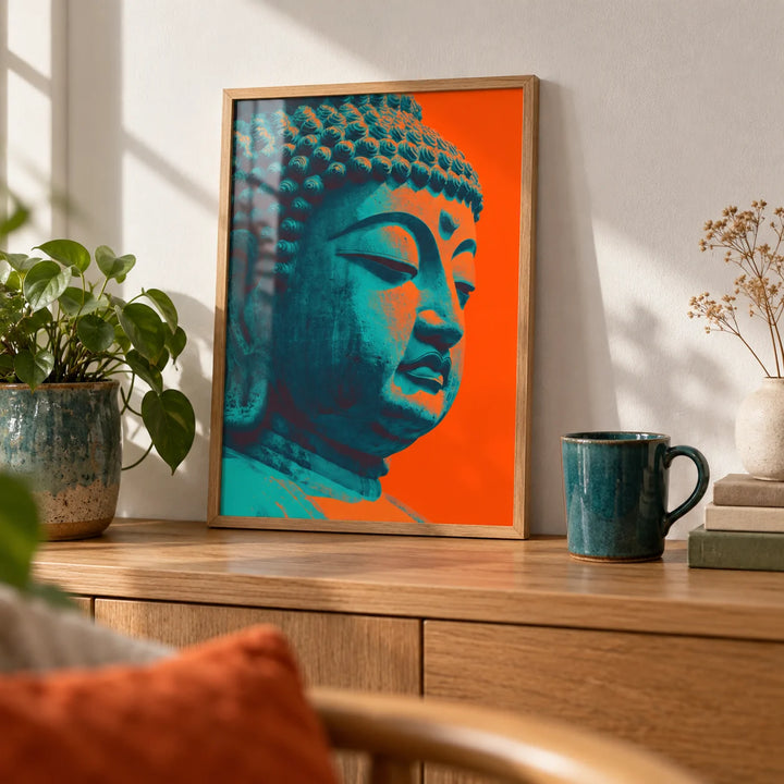 Buddha Wall Art, a small A4 framed print leaning on an oak shelf in a living room
