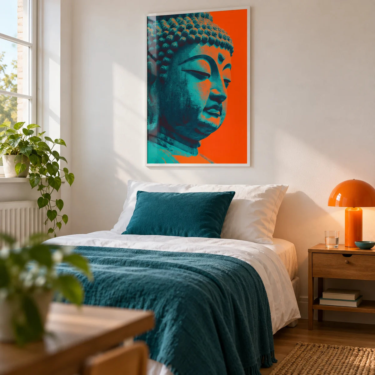 Buddha Wall Art, framed on the wall of a young adult's bedroom (18-25) with a white wall
