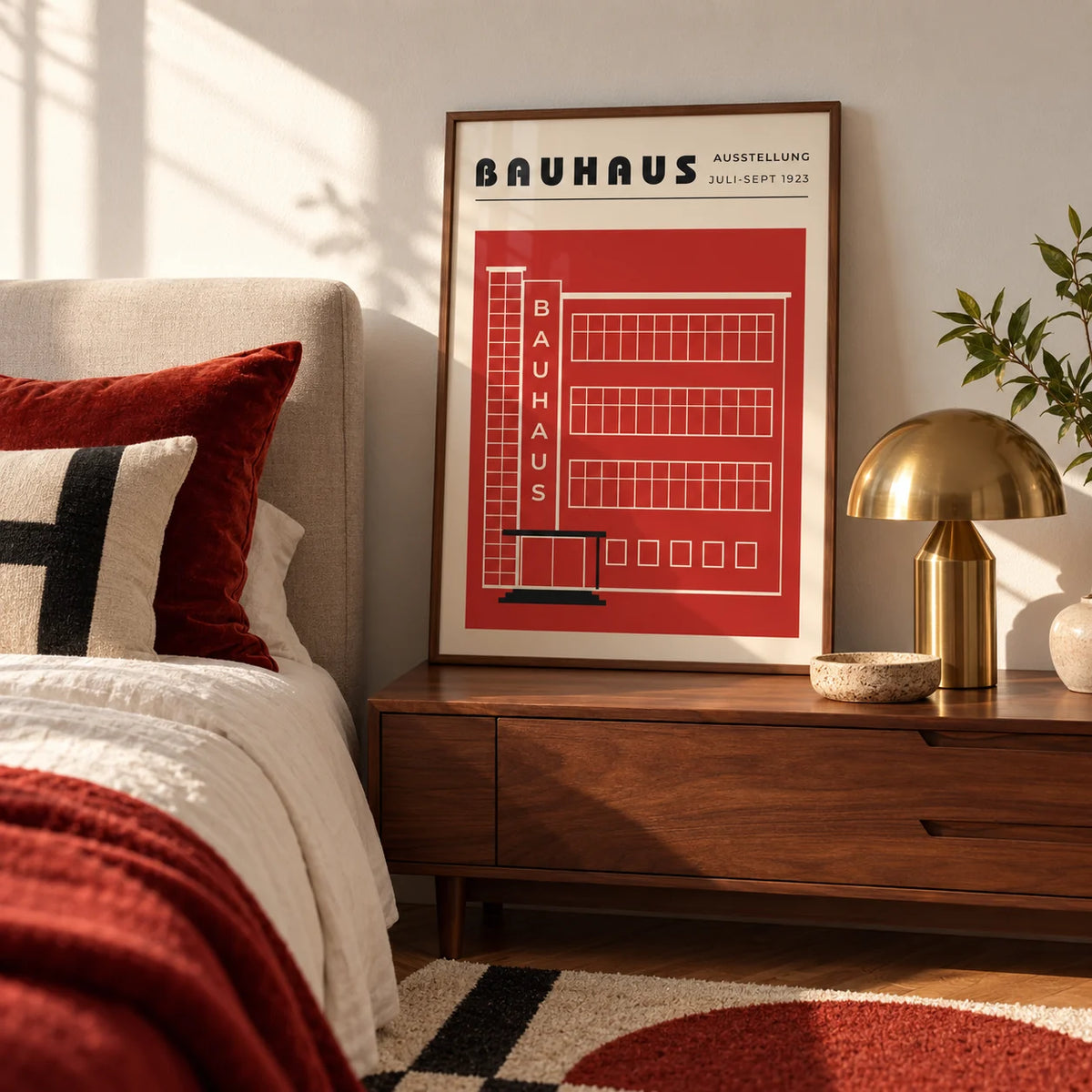 Building Print, a framed print leaning on a walnut bedside chest in a calm mid-century bedroom