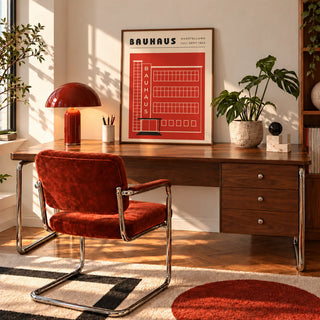 Building Print, a framed print leaning on a walnut desk in a mid-century home office
