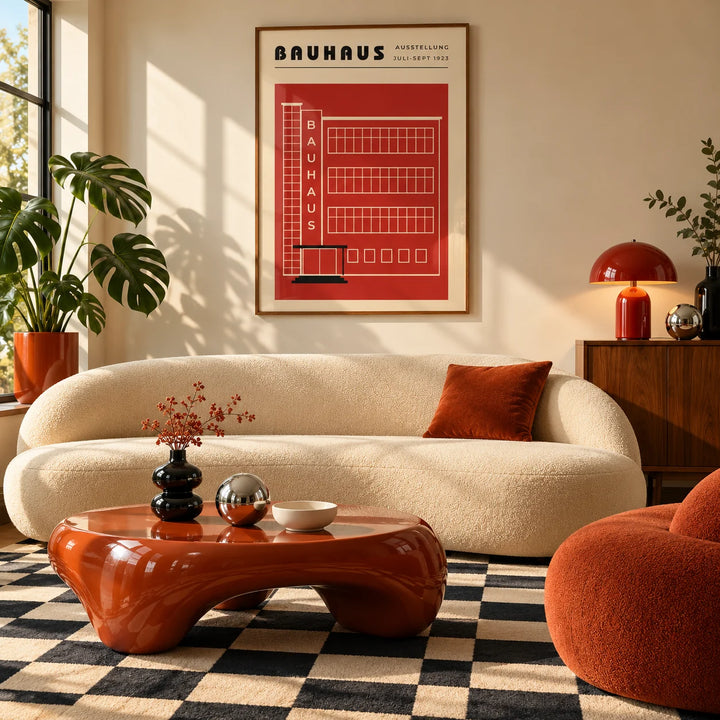 Building Print, framed on the wall of a mid-century living room with a curved cream sofa