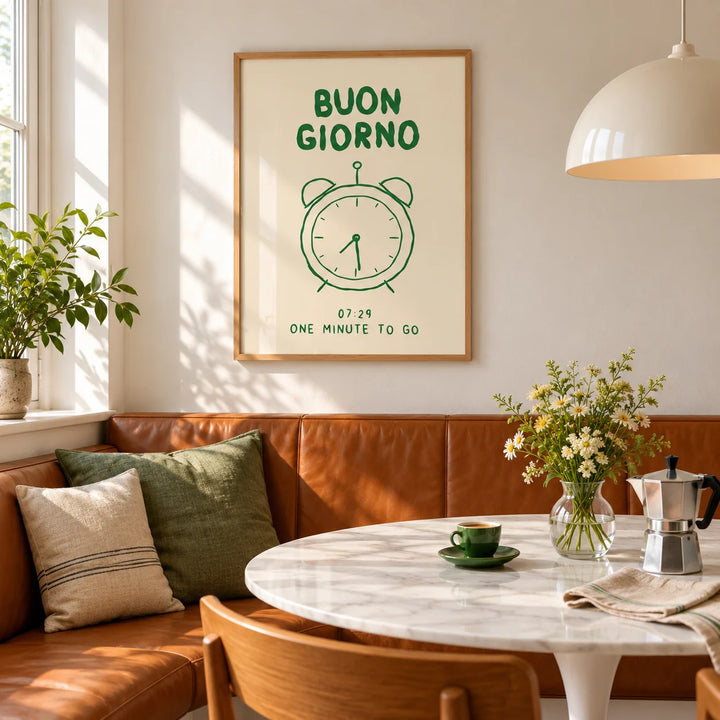 Buongiorno Print, framed on the wall above a breakfast banquette with a marble table