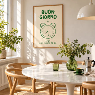 Buongiorno Print, framed on the wall of a bright dining area with a round table