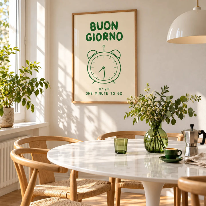Buongiorno Print, framed on the wall of a bright dining area with a round table