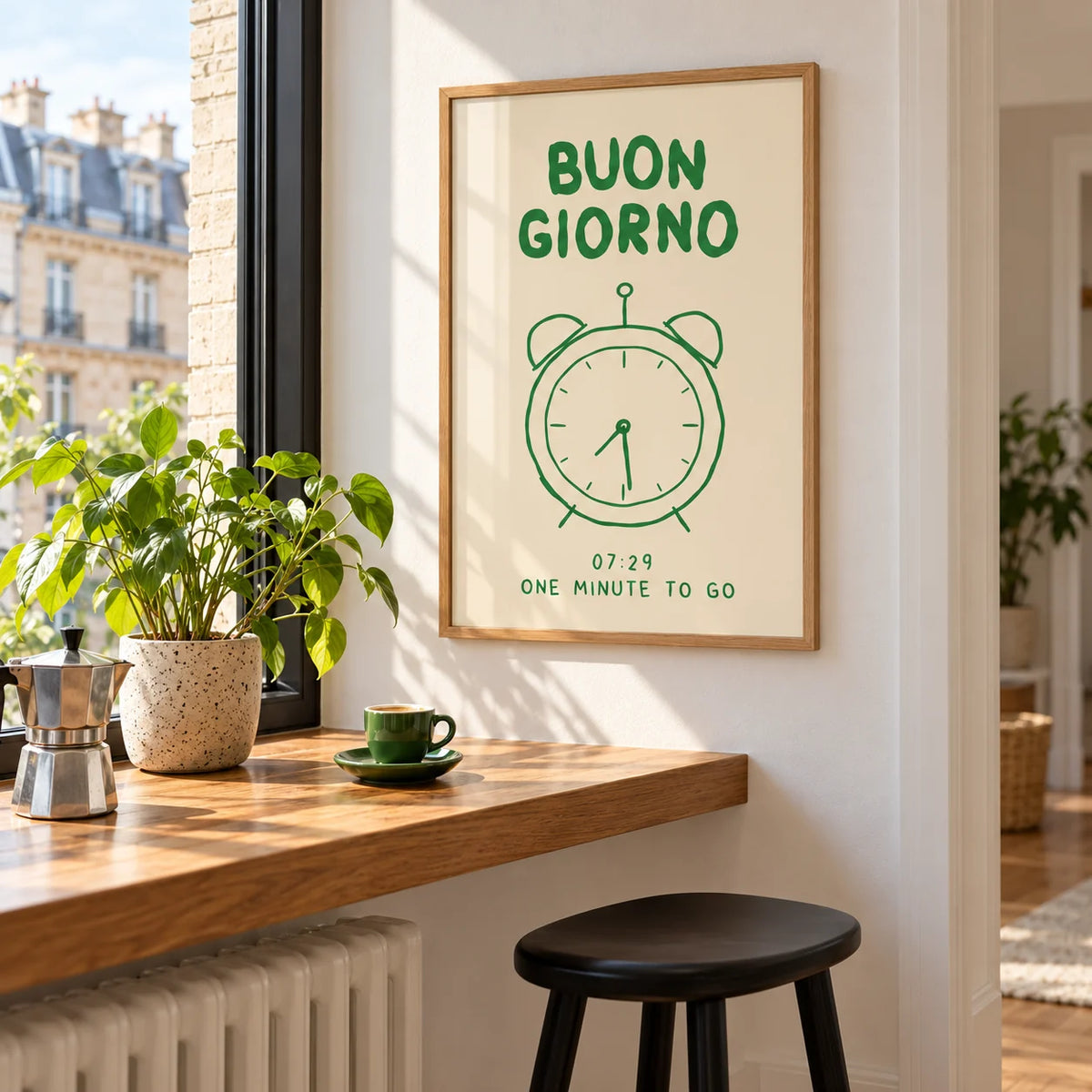 Buongiorno Print, framed on the wall above a city apartment breakfast counter