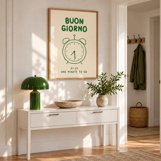 Buongiorno Print, framed on the wall of an entry hall above a white console