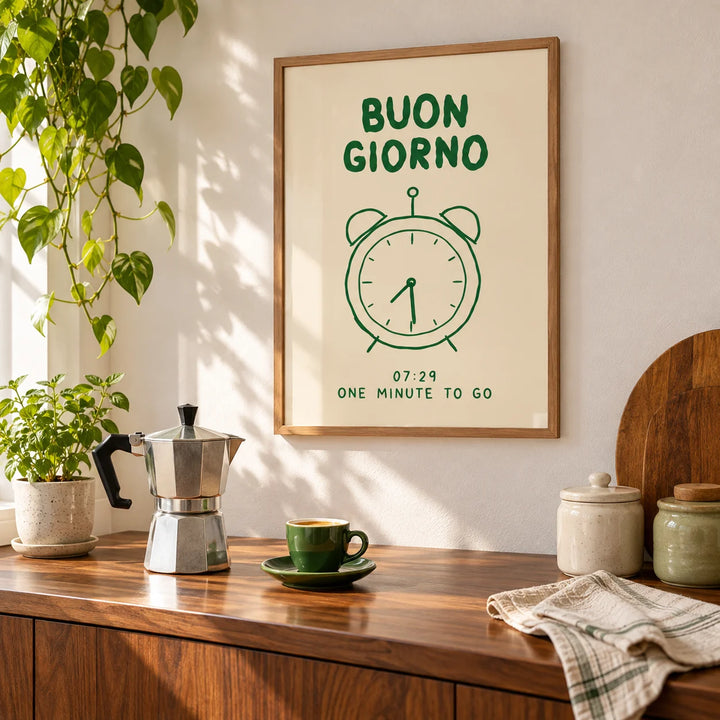 Buongiorno Print, framed on the wall of a home coffee corner with a moka pot