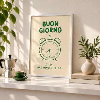 Buongiorno Print, a small A4 framed print leaning on a white shelf