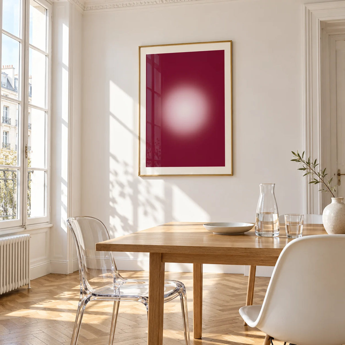 Burgundy Aura Print, framed on the wall of a bright dining corner