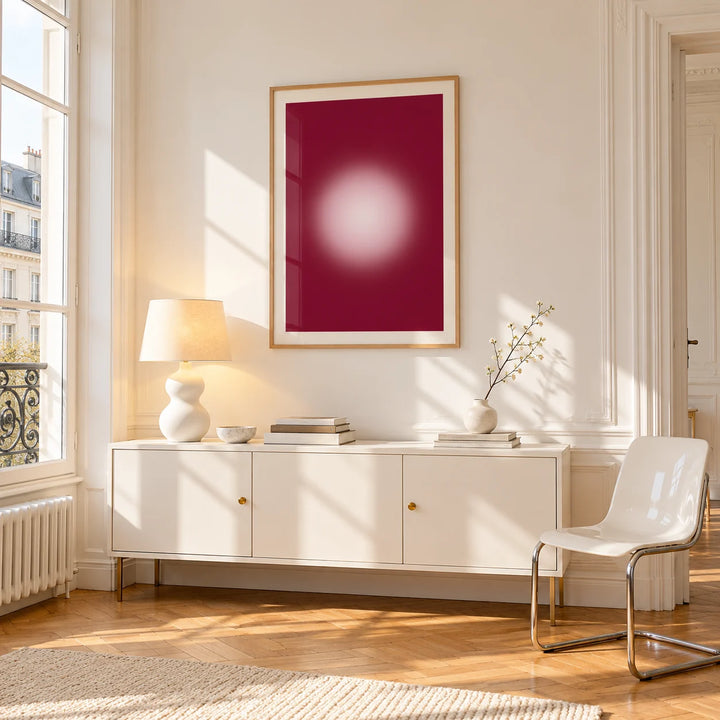 Burgundy Aura Print, framed on the wall of a bright Paris style apartment in a living room