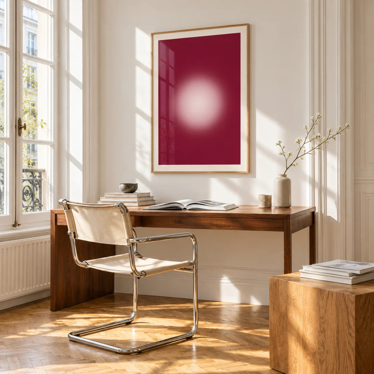Burgundy Aura Print, framed on the wall of a bright study corner with a tall white paned window