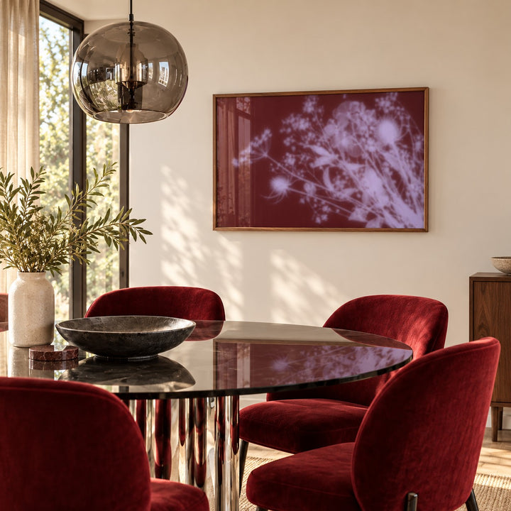 Burgundy Dried Flowers Print styled in a dining room (frame not included)