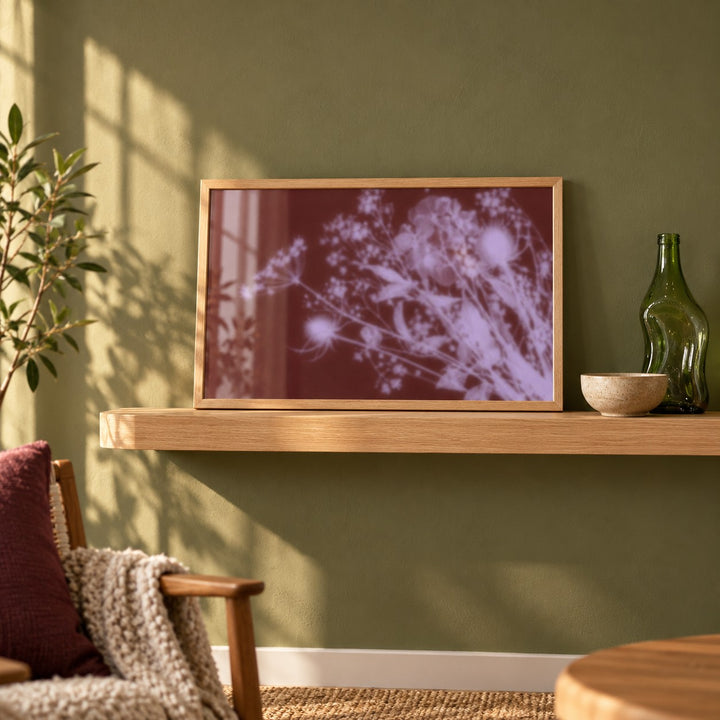 Burgundy Dried Flowers Print styled on a shelf against a green wall (frame not included)