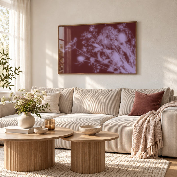 Burgundy Dried Flowers Print styled in a living room (frame not included)