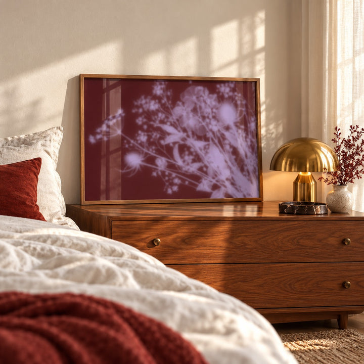 Burgundy Dried Flowers Print styled in a bedroom (frame not included)