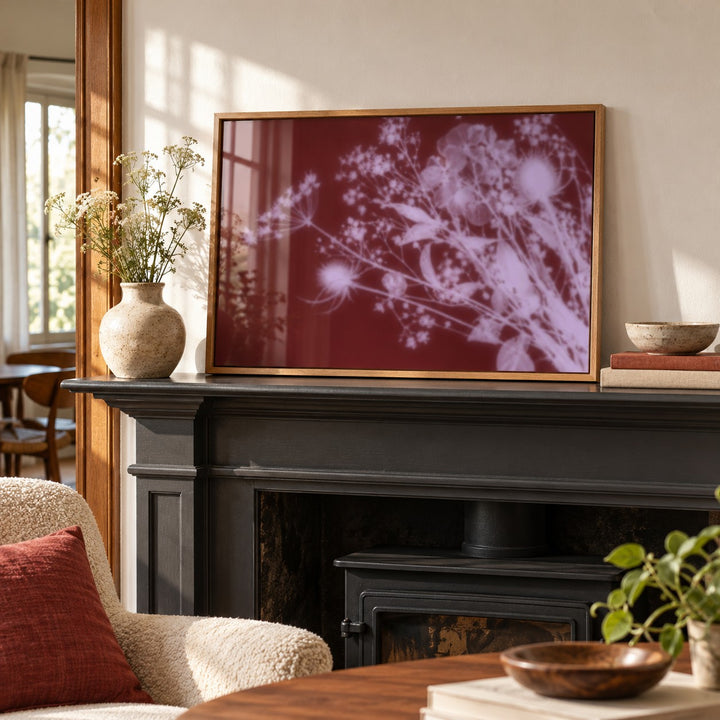 Burgundy Dried Flowers Print styled on a mantelpiece (frame not included)
