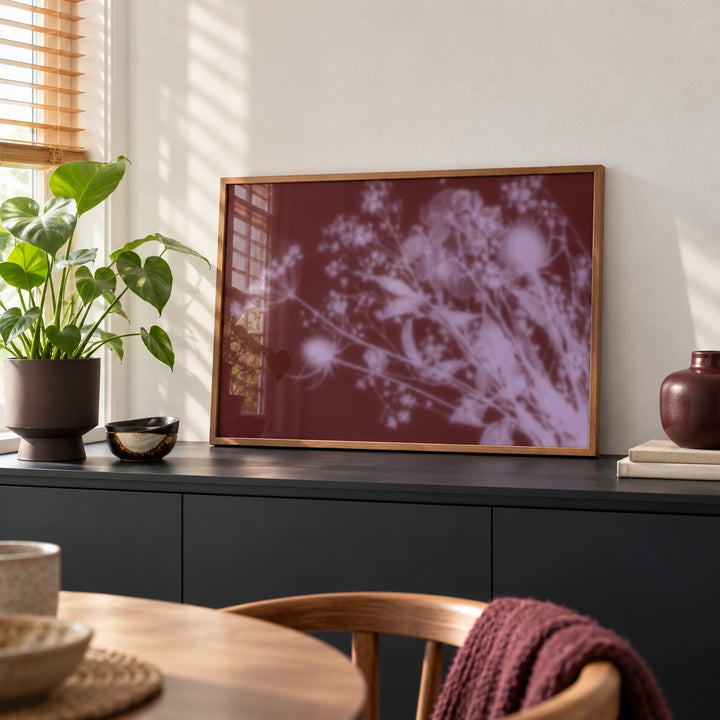 Burgundy Dried Flowers Print styled on a black sideboard (frame not included)