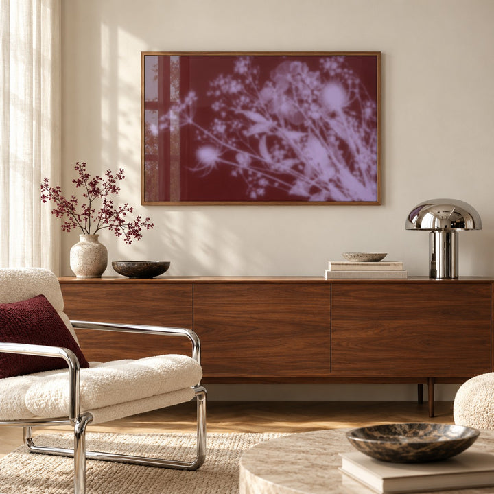 Burgundy Dried Flowers Print styled above a sideboard (frame not included)
