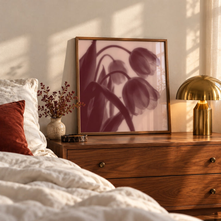 Burgundy Tulip Print styled in a bedroom (frame not included)