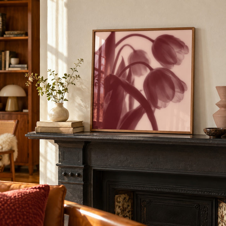 Burgundy Tulip Print styled on a mantelpiece (frame not included)