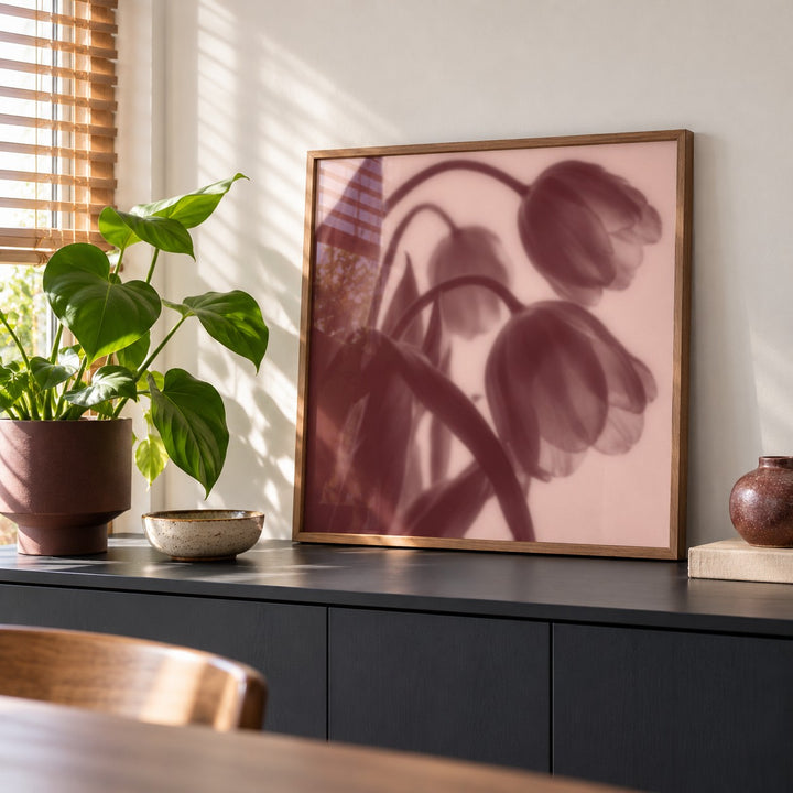 Burgundy Tulip Print styled on a black sideboard (frame not included)