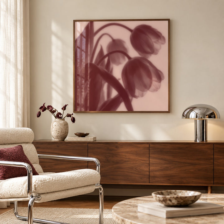 Burgundy Tulip Print styled above a sideboard (frame not included)