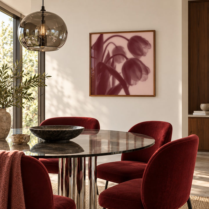 Burgundy Tulip Print styled in a dining room (frame not included)