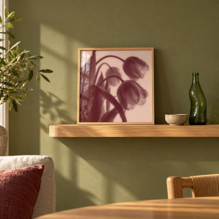 Burgundy Tulip Print styled on a shelf against a green wall (frame not included)
