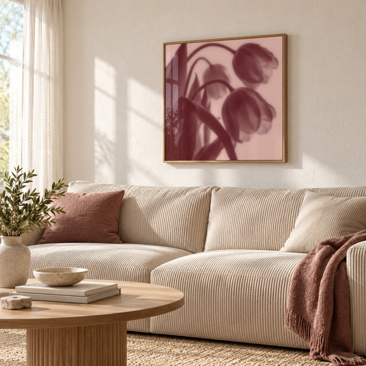 Burgundy Tulip Print styled in a living room (frame not included)