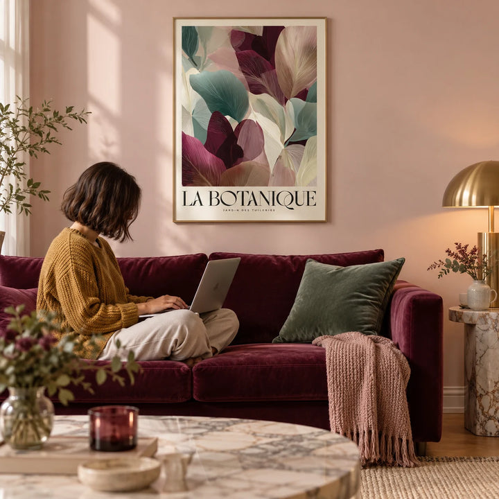 Burgundy Wall Art, framed on the wall of an elegant living room with a soft blush wall