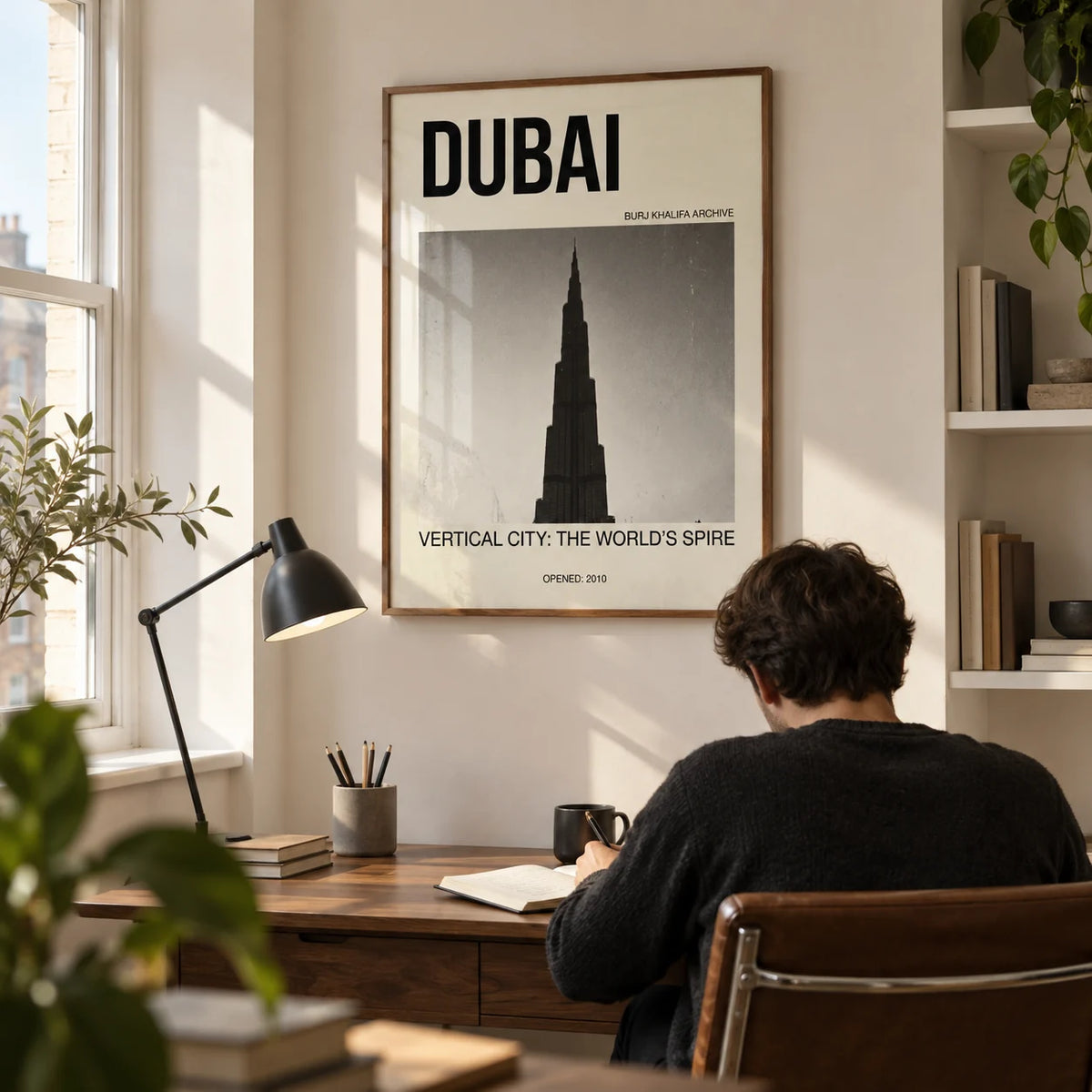 Burj Khalifa Art Print, framed on the wall of a compact home study for an architecture enthusiast in a converted UK flat