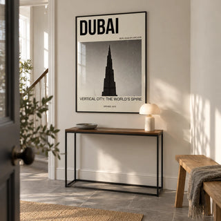 Burj Khalifa Art Print, framed on the wall of a crisp entrance hallway in a renovated UK terrace with ivory walls and a plain grey stone floor