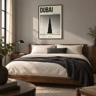 Burj Khalifa Art Print, framed on the wall of a design-led main bedroom in a UK city apartment with a soft grey wall and walnut furniture