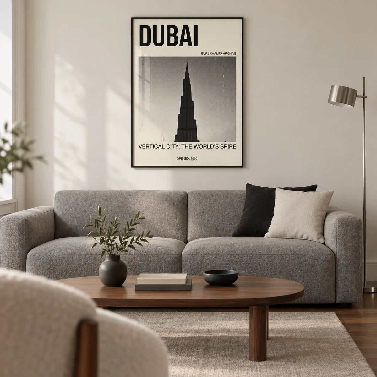 Burj Khalifa Art Print, framed on the wall of a modern living room in a UK city flat with an ivory wall