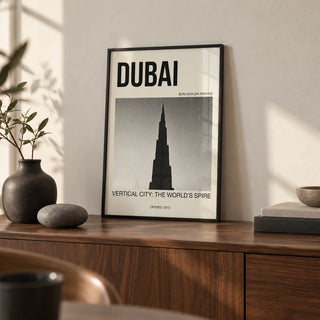 Burj Khalifa Art Print, a small A4 framed print leaning on a walnut sideboard in a living room