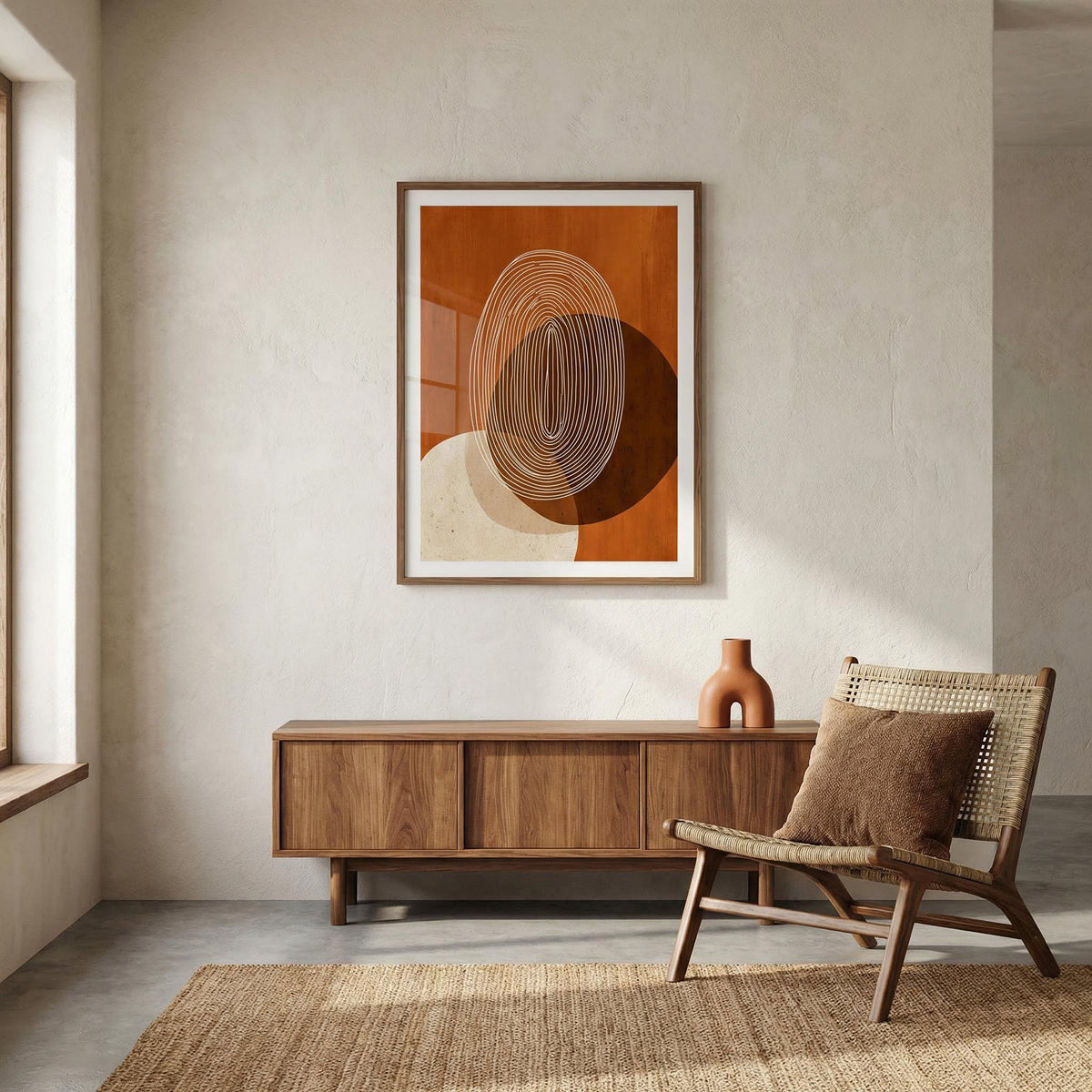 Modern interior with a wooden sideboard, chair, and abstract art on the wall.
