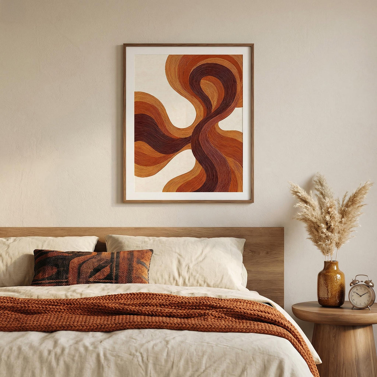 Bedroom with burnt orange abstract art above the bed, wooden side table with decorative items.
