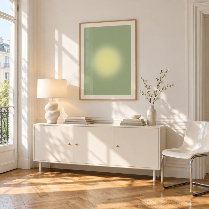 Butter Yellow Wall Art, framed on the wall of a bright Paris style apartment in a living room