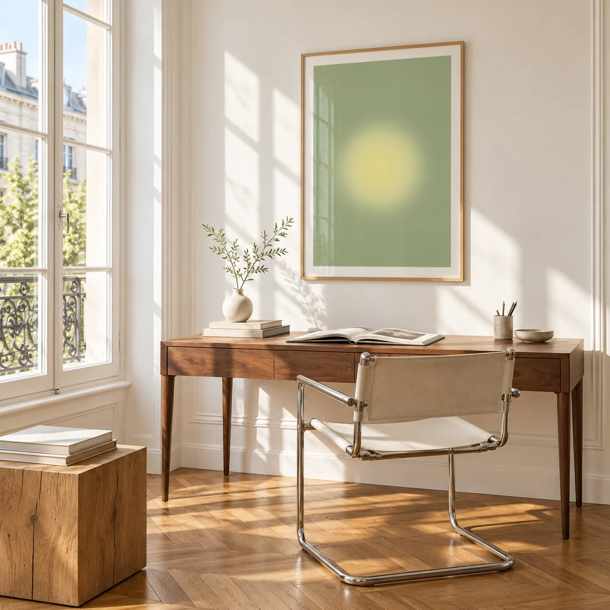 Butter Yellow Wall Art, framed on the wall of a bright study corner with a tall white paned window