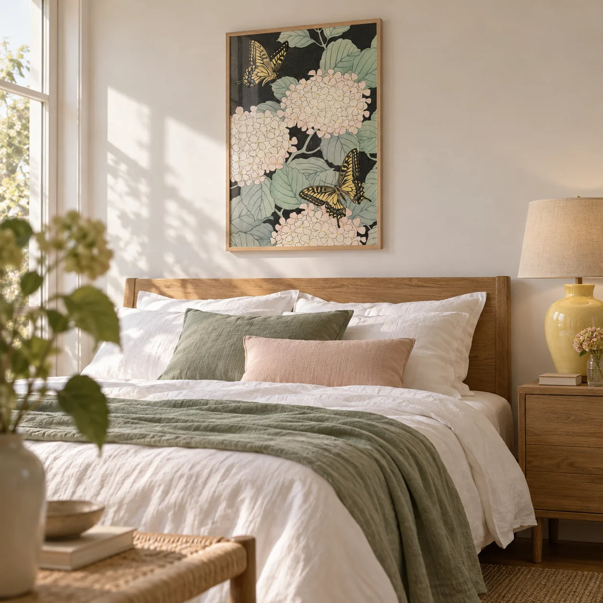 Butterfly Art Print, framed on the wall of a calm bedroom