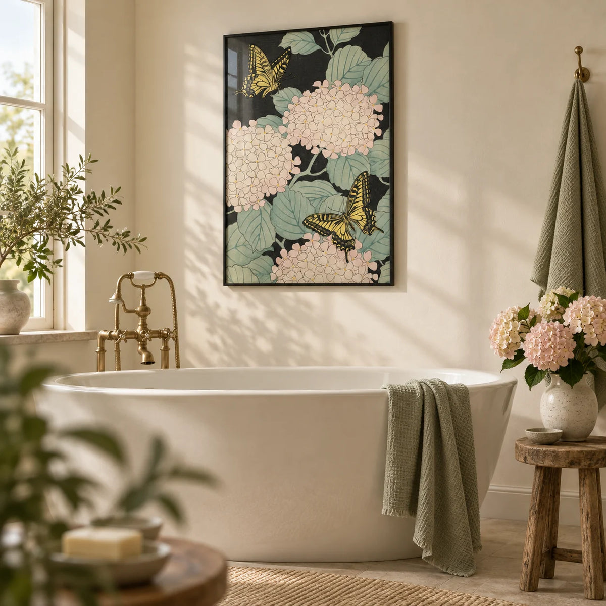 Butterfly Art Print, framed on the wall of an elegant bathroom