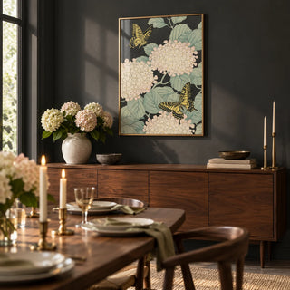 Butterfly Art Print, framed on the wall of an elegant dining room with a deep charcoal wall