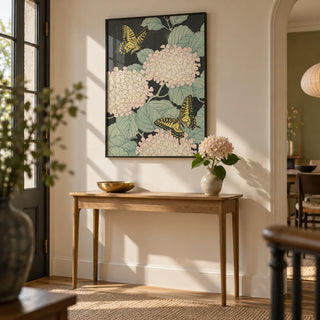 Butterfly Art Print, framed on the wall of an elegant hallway