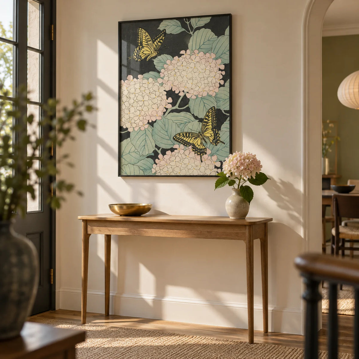 Butterfly Art Print, framed on the wall of an elegant hallway