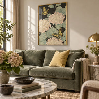 Butterfly Art Print, framed on the wall of an elegant living room