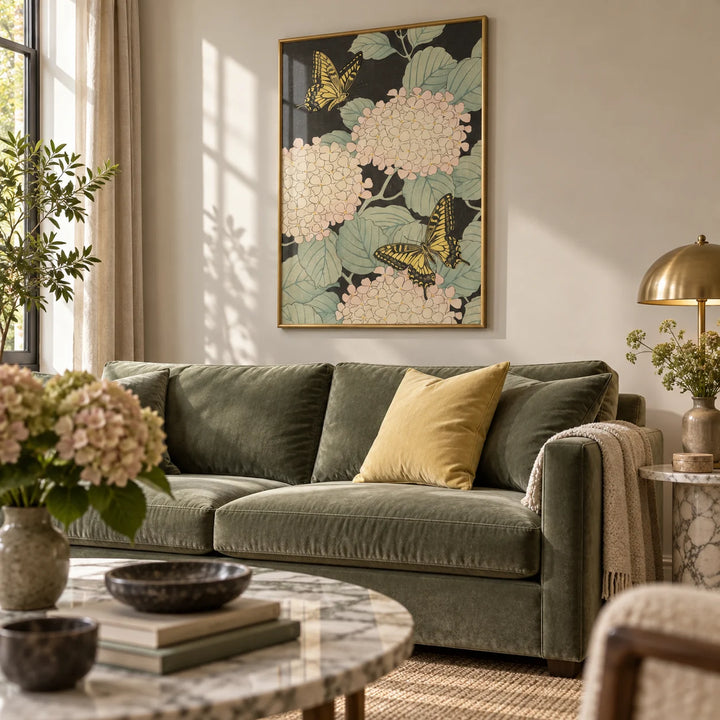 Butterfly Art Print, framed on the wall of an elegant living room
