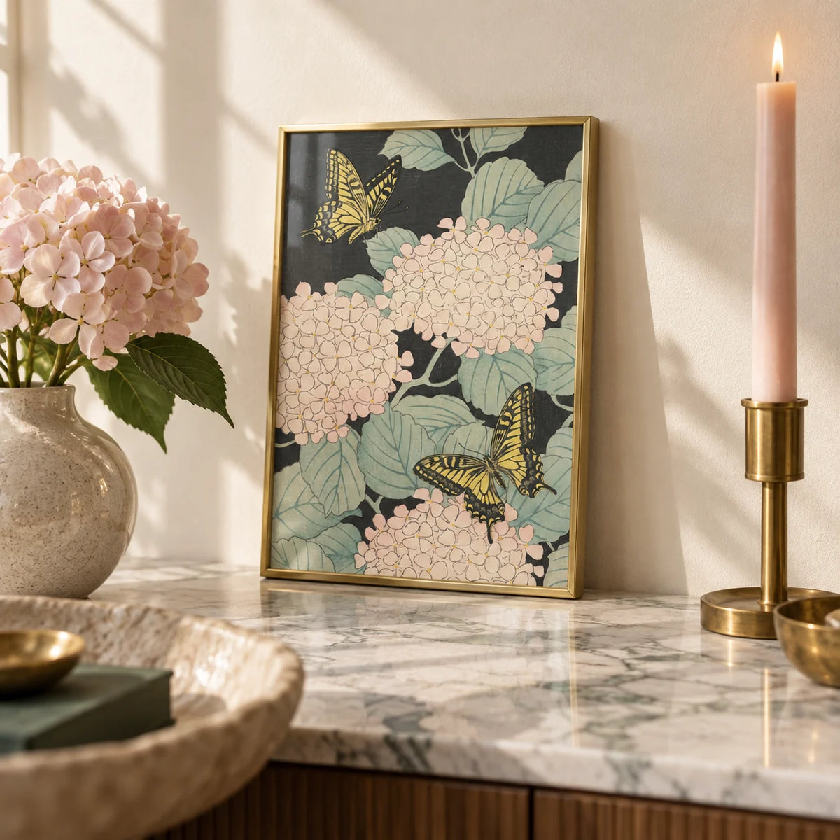 Butterfly Art Print, a small A4 framed print leaning on a marble side table in a hallway