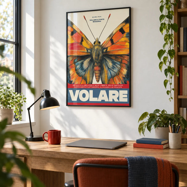 Butterfly Art Wall, framed on the wall of a bright home office with a white wall